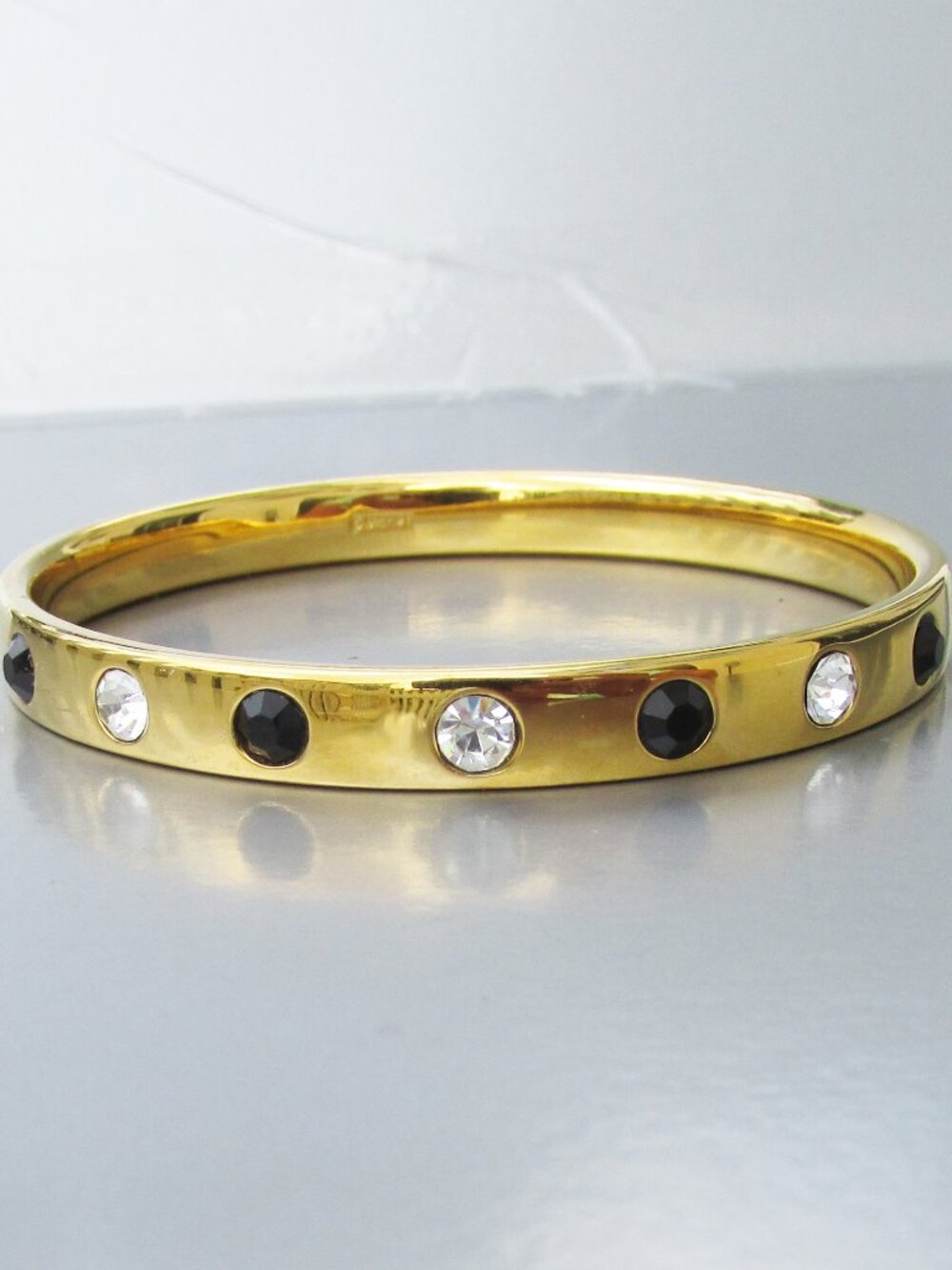 Signed MONET Vintage Gold Tone Black & Crystal Rhinestone Bangle Bracelet Sz LG
